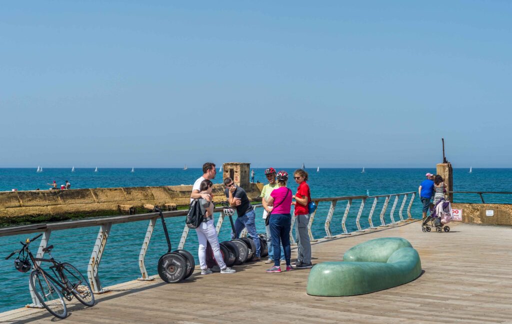 tourists on guided Segway tour at Namal port in tel Aviv, Israel